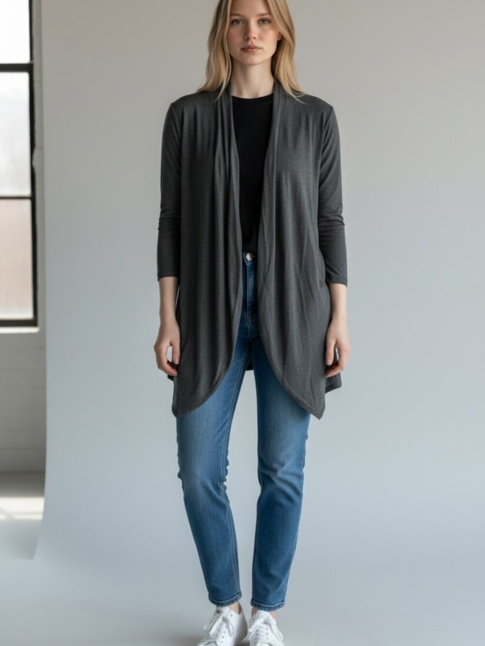 APT. 9 Petite Large Gray Open Front Cardigan 3/4 Sleeve Rayon Stretch